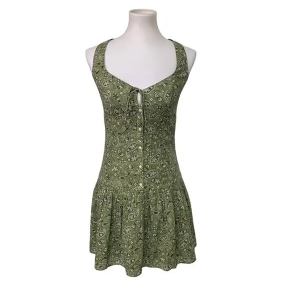 American Eagle Drop Waist Corset Mini Dress Bandana Paisley Olive Green Medium - Picture 5 of 8